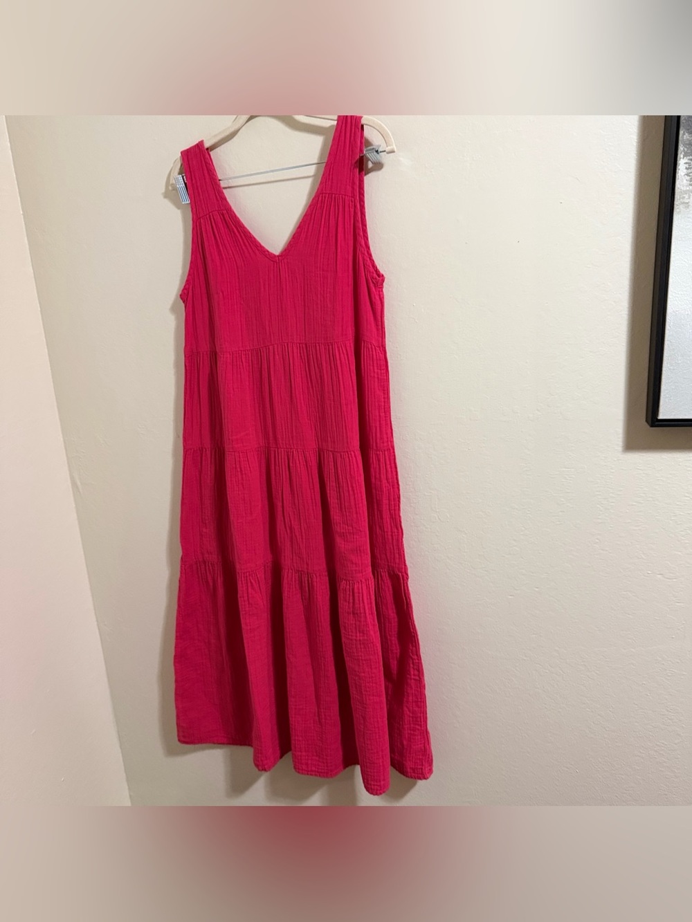 Quince Amaranth Hot Pink Organic Cotton Gauze Tiered Maxi Dress V Neck Small - Picture 3 of 9